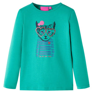 Maglietta Bambina Maniche Lunghe con Stampa Gatto Verde Brillante 92 13579