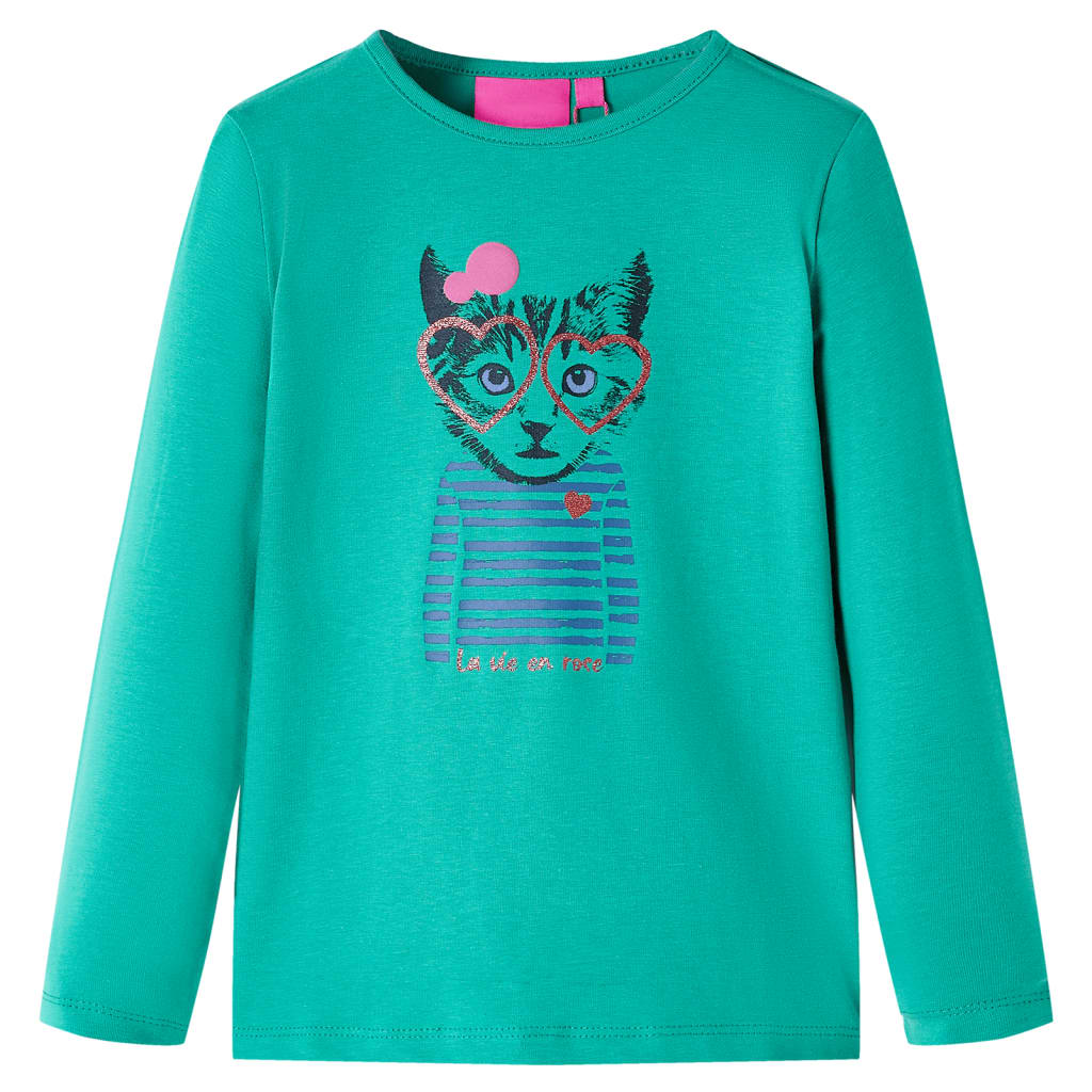 Maglietta Bambina Maniche Lunghe con Stampa Gatto Verde Brillante 128 13582