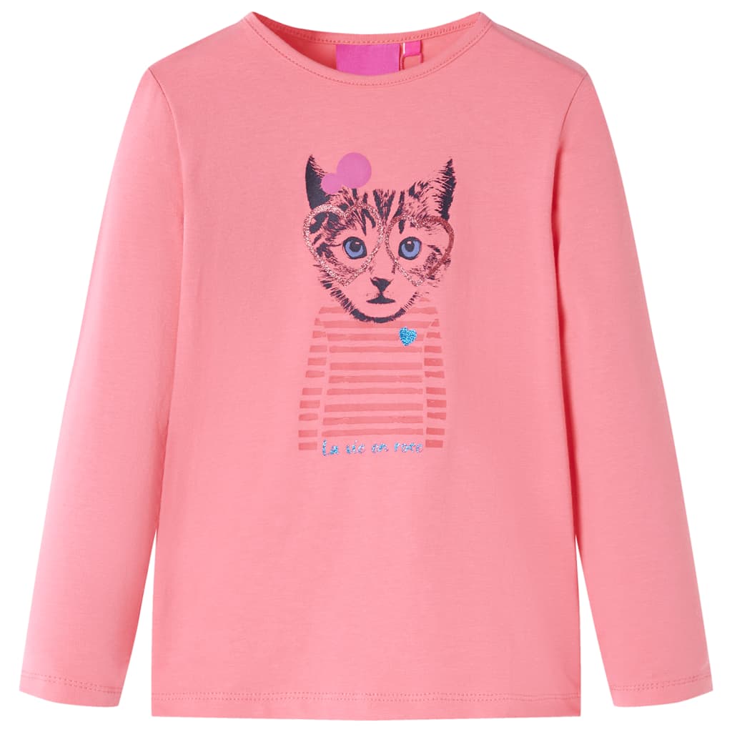 Maglietta da Bambina a Maniche Lunghe con Stampa Gatto Rosa 116 13586