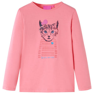 Maglietta da Bambina a Maniche Lunghe con Stampa Gatto Rosa 116 13586