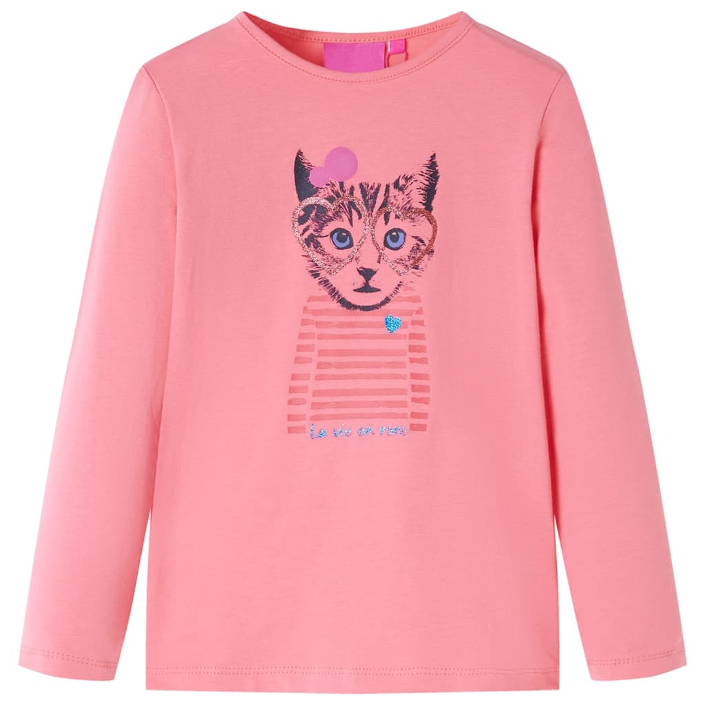 Maglietta da Bambina a Maniche Lunghe con Stampa Gatto Rosa 128 13587