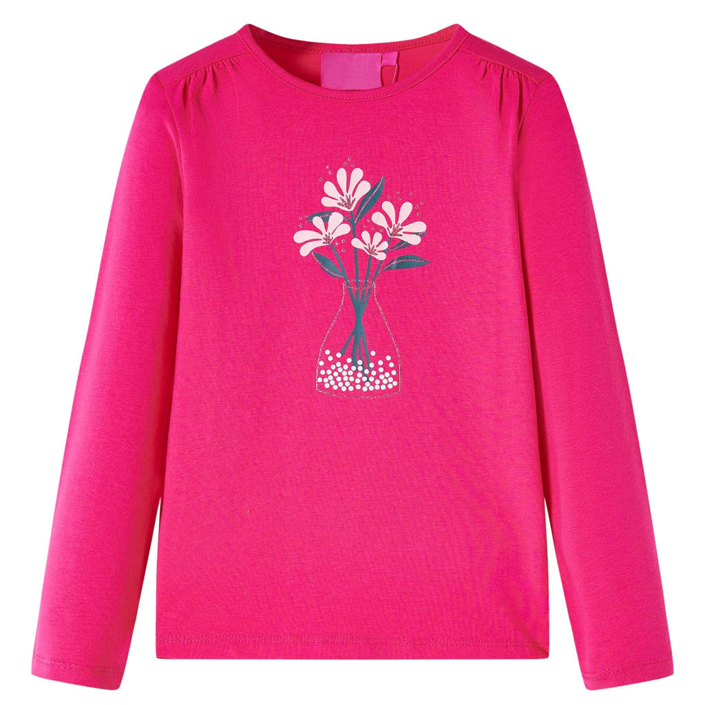 Maglietta da Bambina a Maniche Lunghe con Stampa Fiori Fucsia 92 13984