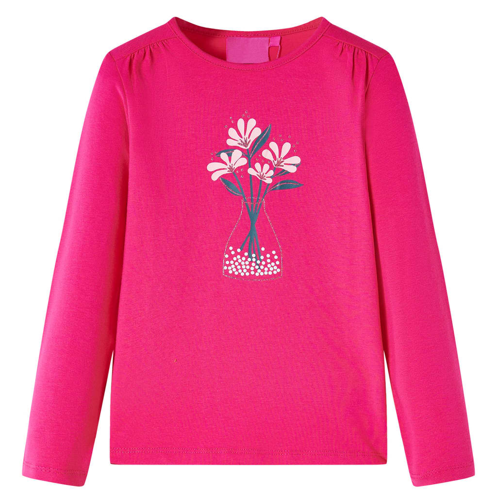 Maglietta da Bambina a Maniche Lunghe con Stampa Fiori Fucsia 128 13987