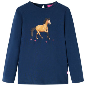 Maglietta da Bambina a Maniche Lunghe Stampa Cavallo Blu Marino 140 14033
