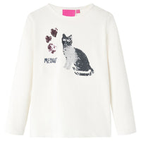 Maglietta da Bambina a Maniche Lunghe Design Gatto Paillettes Ecru 104 14090