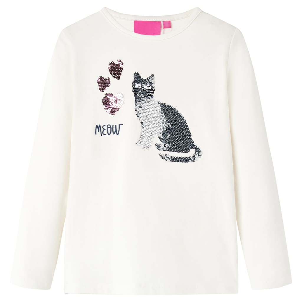 Maglietta da Bambina a Maniche Lunghe Design Gatto Paillettes Ecru 116 14091