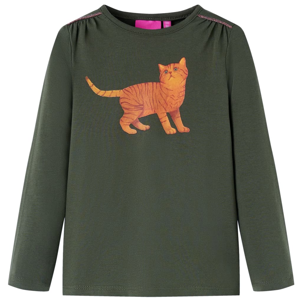 Maglietta da Bambina a Maniche Lunghe con Stampa Gatto Khaki 104 14205