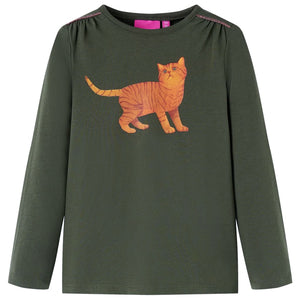 Maglietta da Bambina a Maniche Lunghe con Stampa Gatto Khaki 104 14205