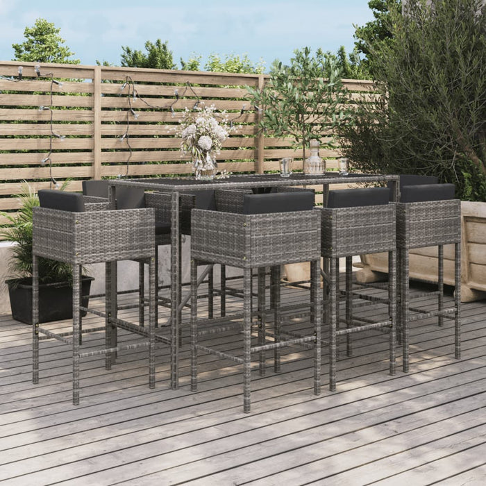 Set Bar da Giardino 9 pz con Cuscini in Polyrattan Grigiocod mxl 125166