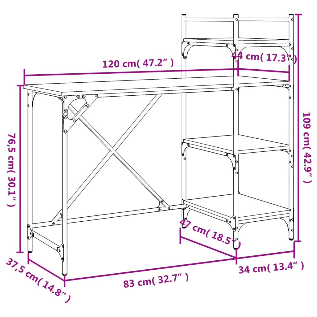 Scrivania per Computer con Scaffali Rovere Fumo 120x47x109 cm 836215