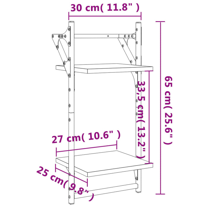 Mensole a Parete con Aste 2pz Rovere Fumo 30x25x65 cm 836255