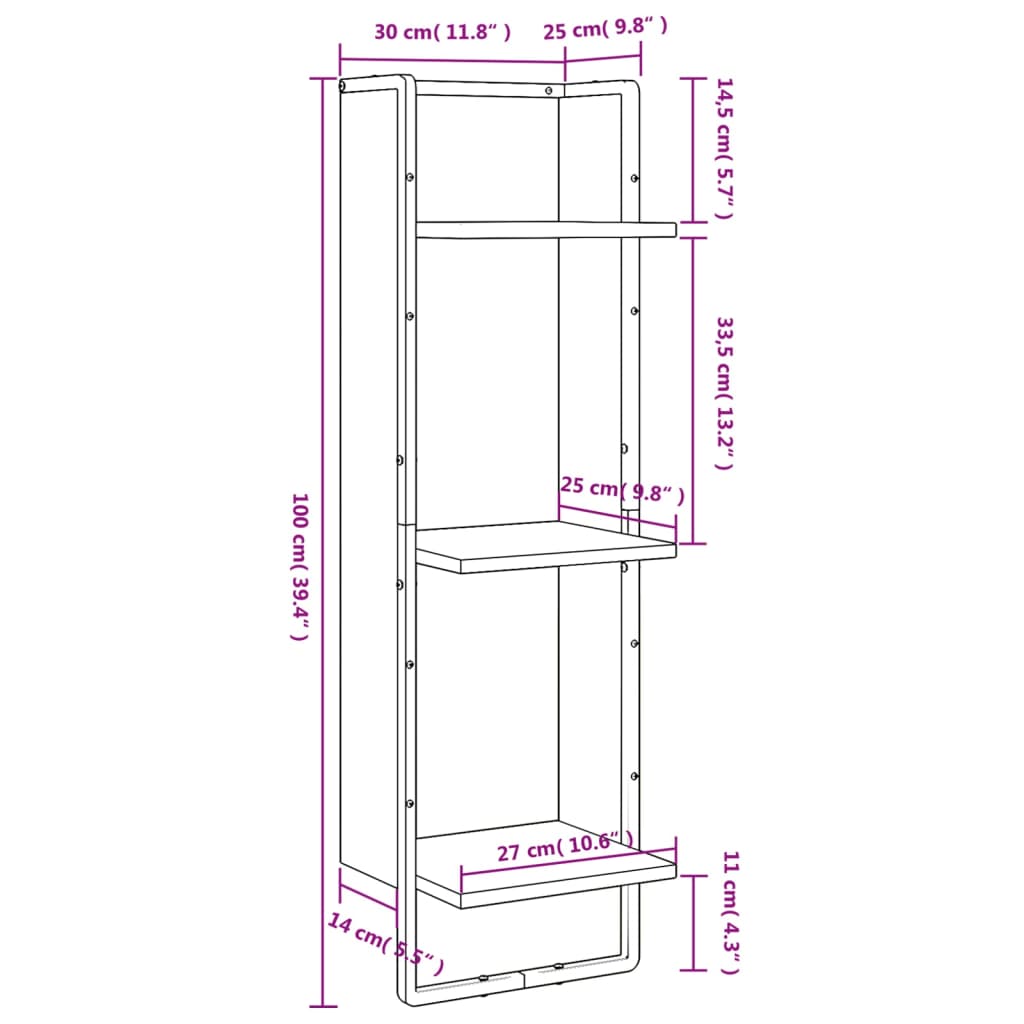 Scaffale Parete 3Ripiani Rovere Marrone 30x25x100cm Multistrato 836307