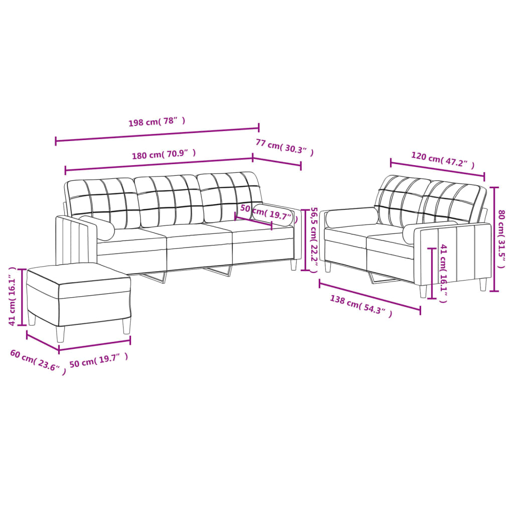 Set di Divani 3 pz con Cuscini Rosso Vino in Tessuto 3201336