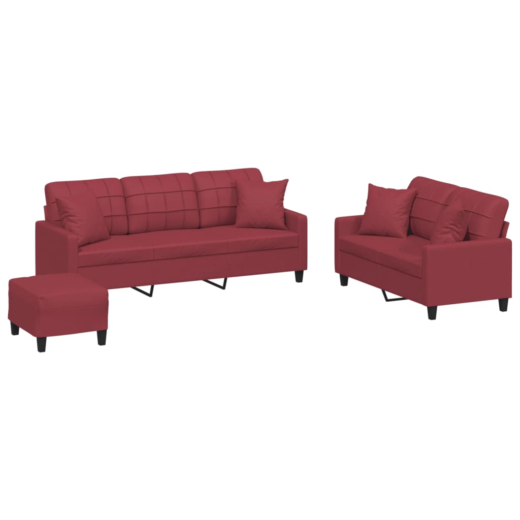 Set di Divani 3 pz con Cuscini Rosso Vino in Similpelle 3201396