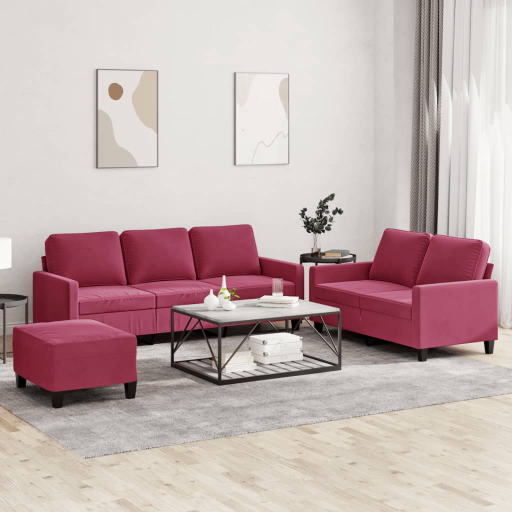 Set di Divani 3 pz con Cuscini Rosso Vino in Vellutocod mxl 107183