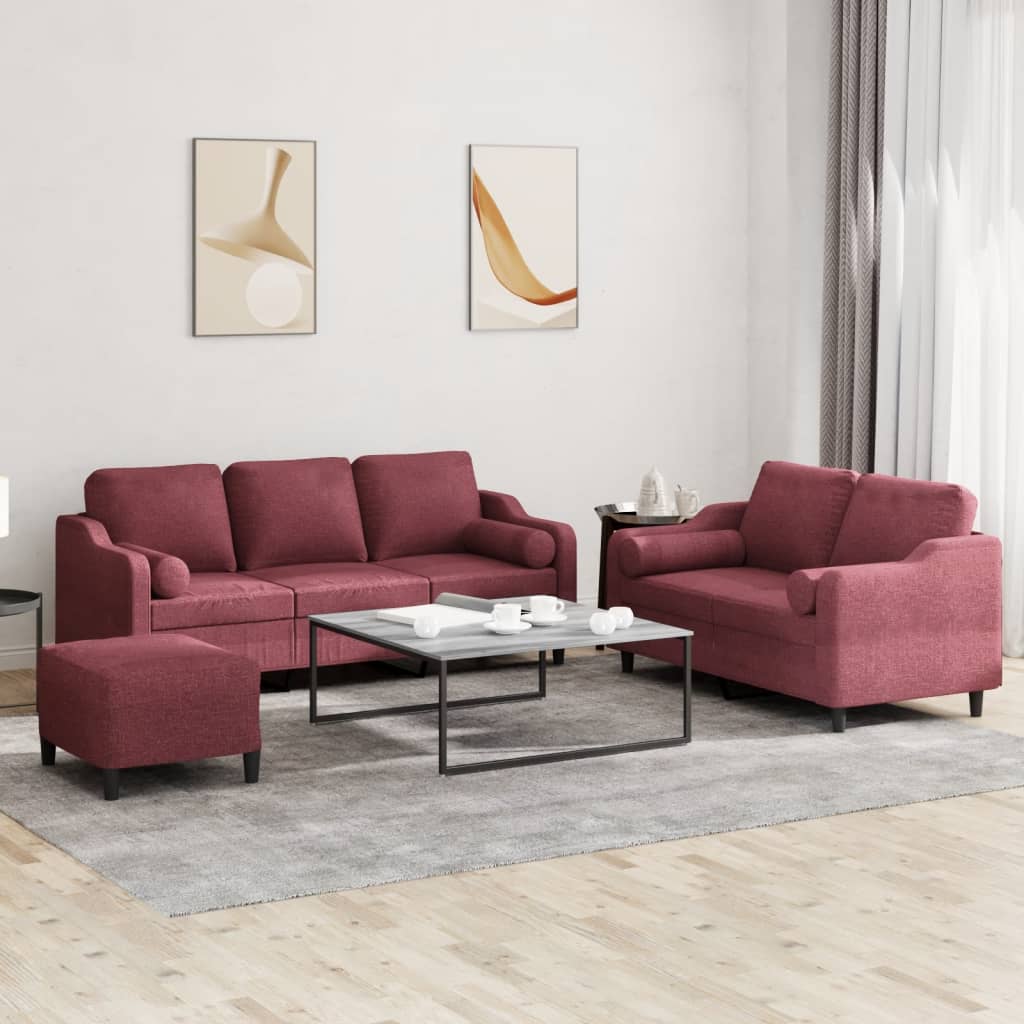 Set di Divani 3 pz con Cuscini Rosso Vino in Tessuto 3201864