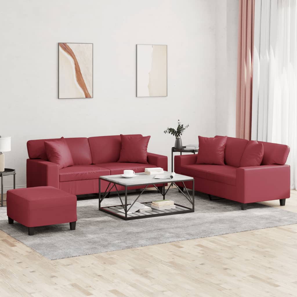 Set di Divani 3 pz con Cuscini Rosso Vino in Similpelle 3201932