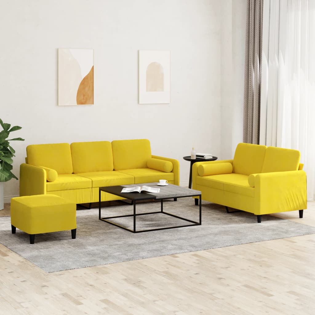 Set di Divani 3 pz con Cuscini Giallo in Velluto 3202050