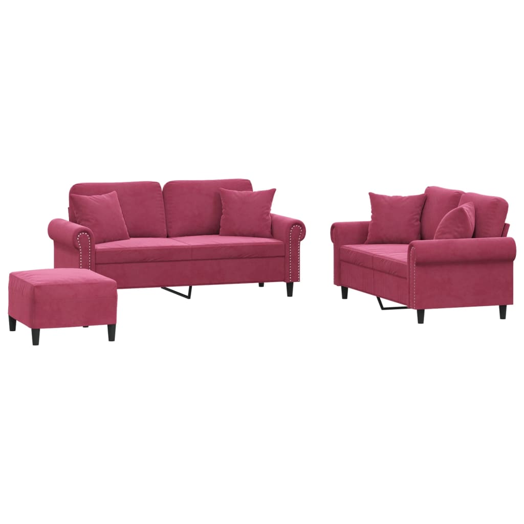 Set di Divani 3 pz con Cuscini Rosso Vino in Velluto 3202244