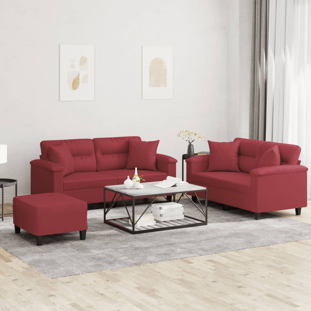 Set di Divani 3 pz con Cuscini Rosso Vino in Similpelle 3202380