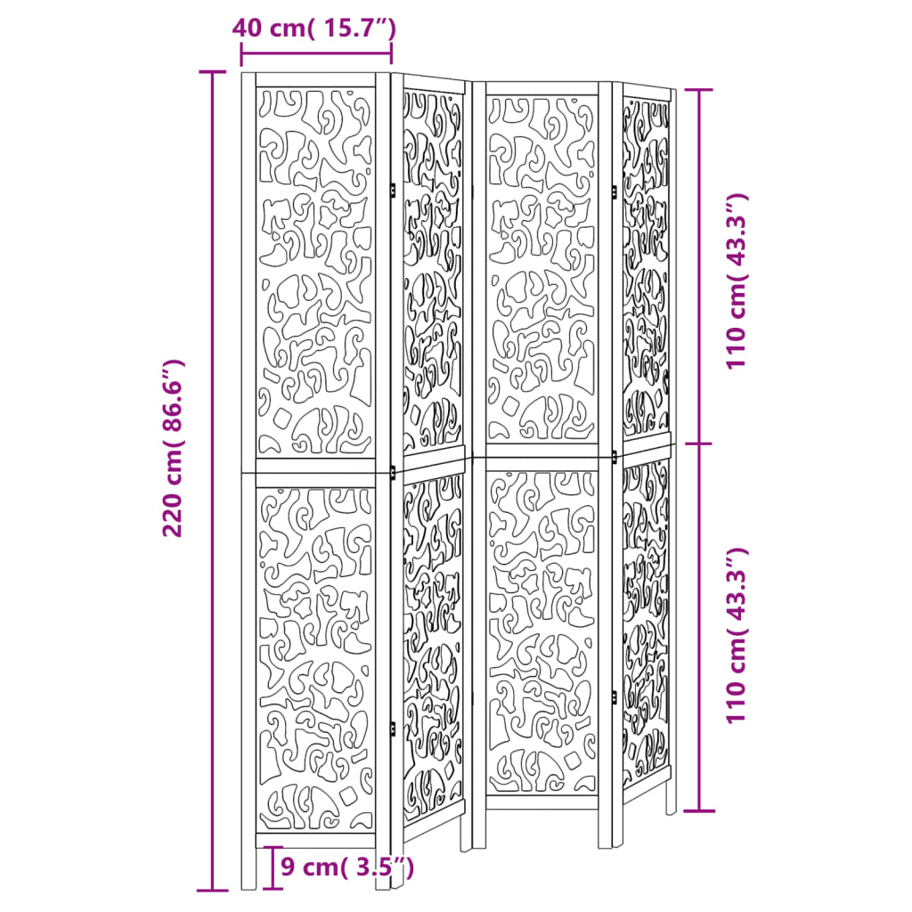 Divisorio Ambienti 4 Pannelli Nero Legno Massello di Paulownia 358756