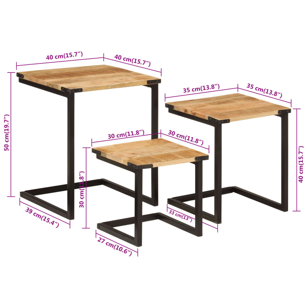 Tavolini a Incastro 3 pz in Legno Massello di Mango e Ferro 358561