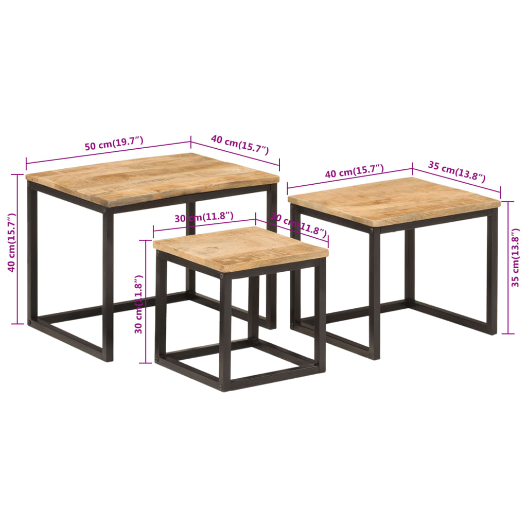 Tavolini a Incastro 3 pz in Legno Massello di Mango e Ferro 358569