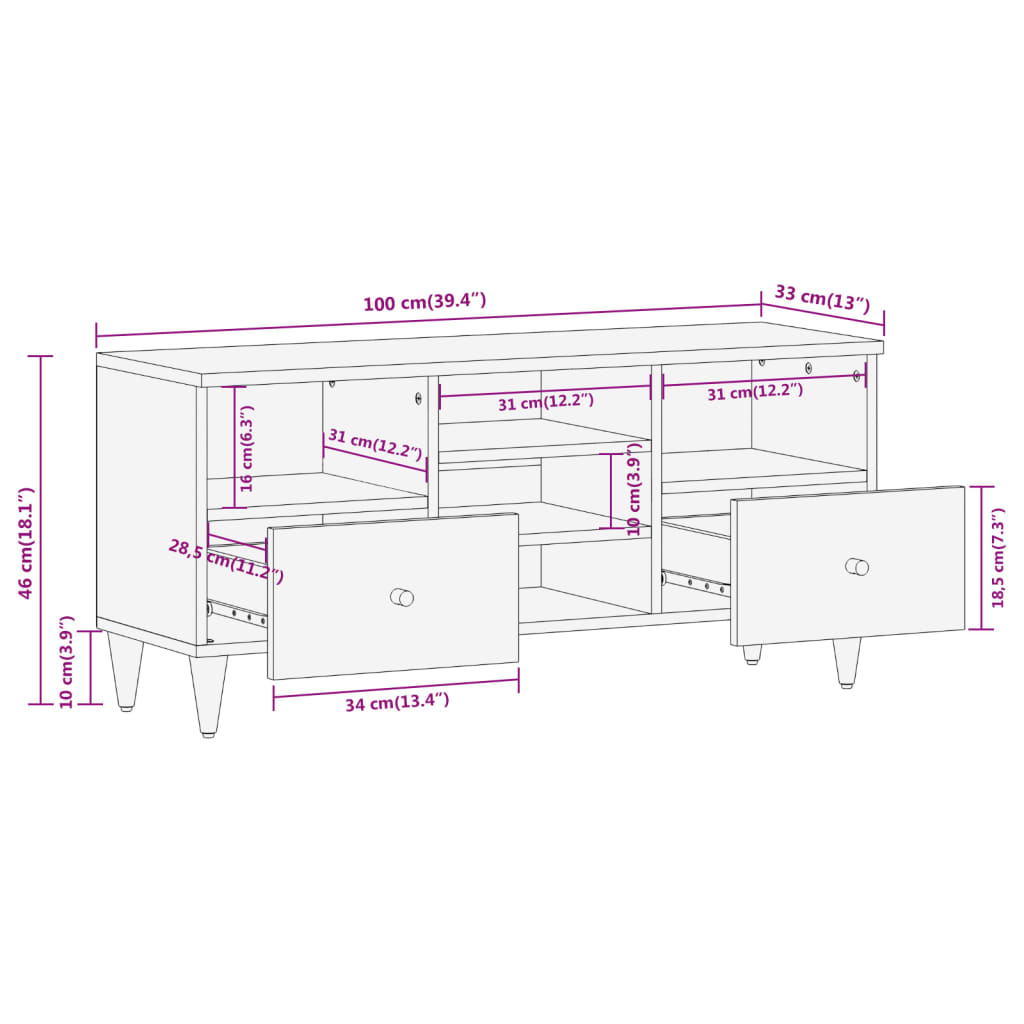 Mobile Porta TV 100x33x46 cm in Legno Massello di Mango 358266