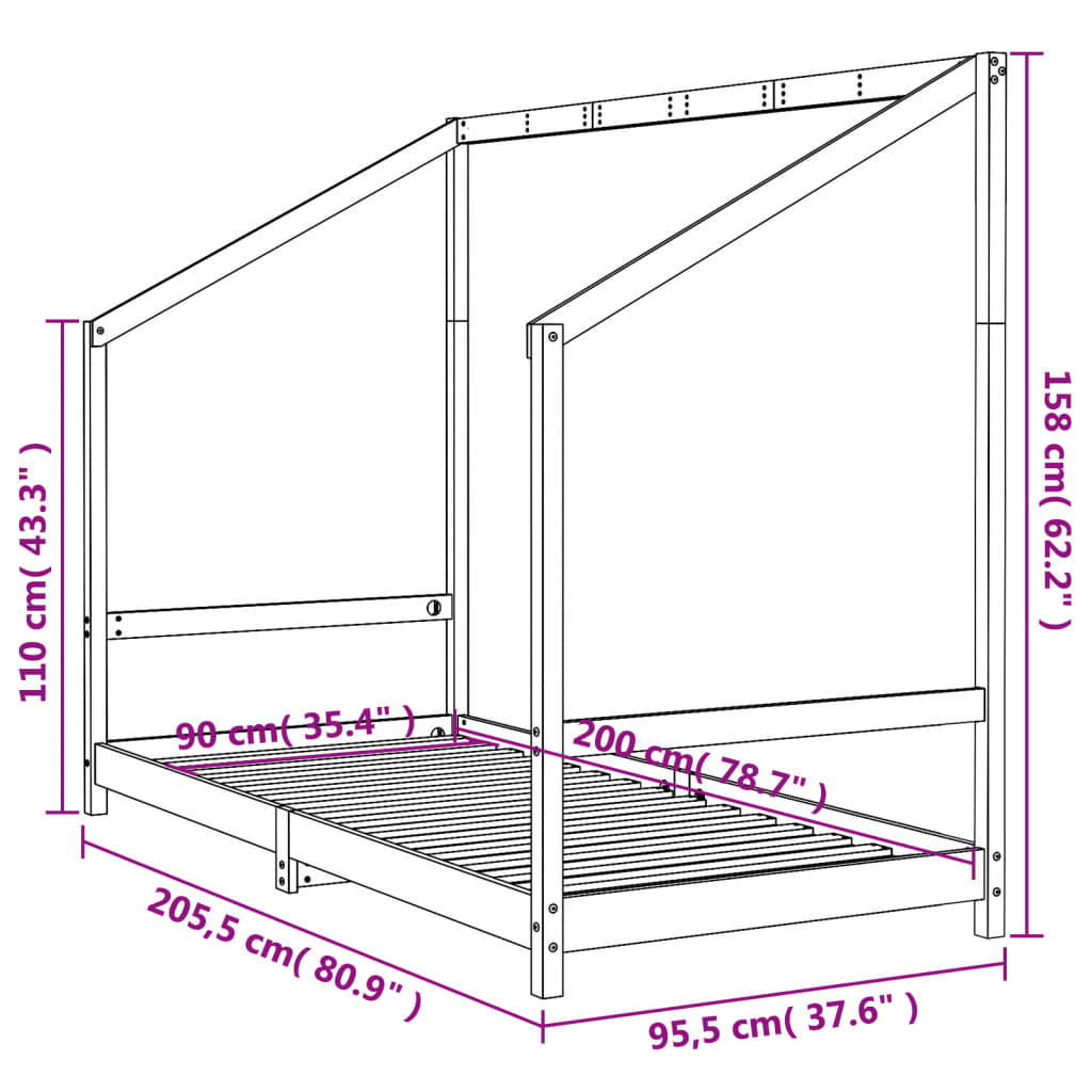 Giroletto per Bambini Nero 90x200 cm in Legno Massello di Pino 835705