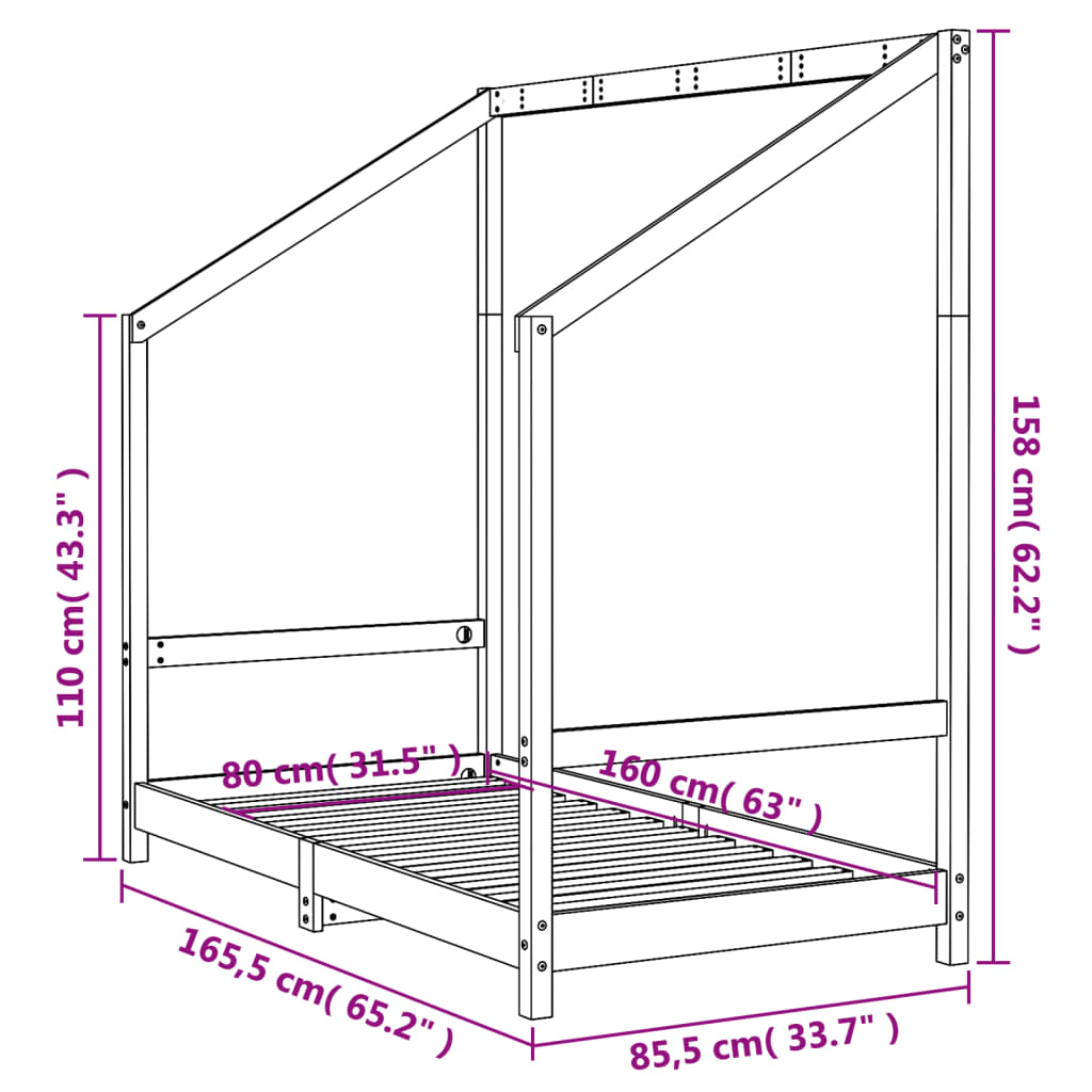 Giroletto per Bambini Nero 80x160 cm in Legno Massello di Pino 835711