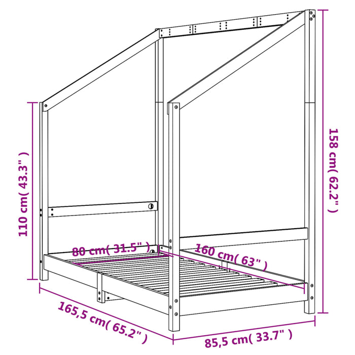 Giroletto per Bambini Nero 80x160 cm in Legno Massello di Pino 835711