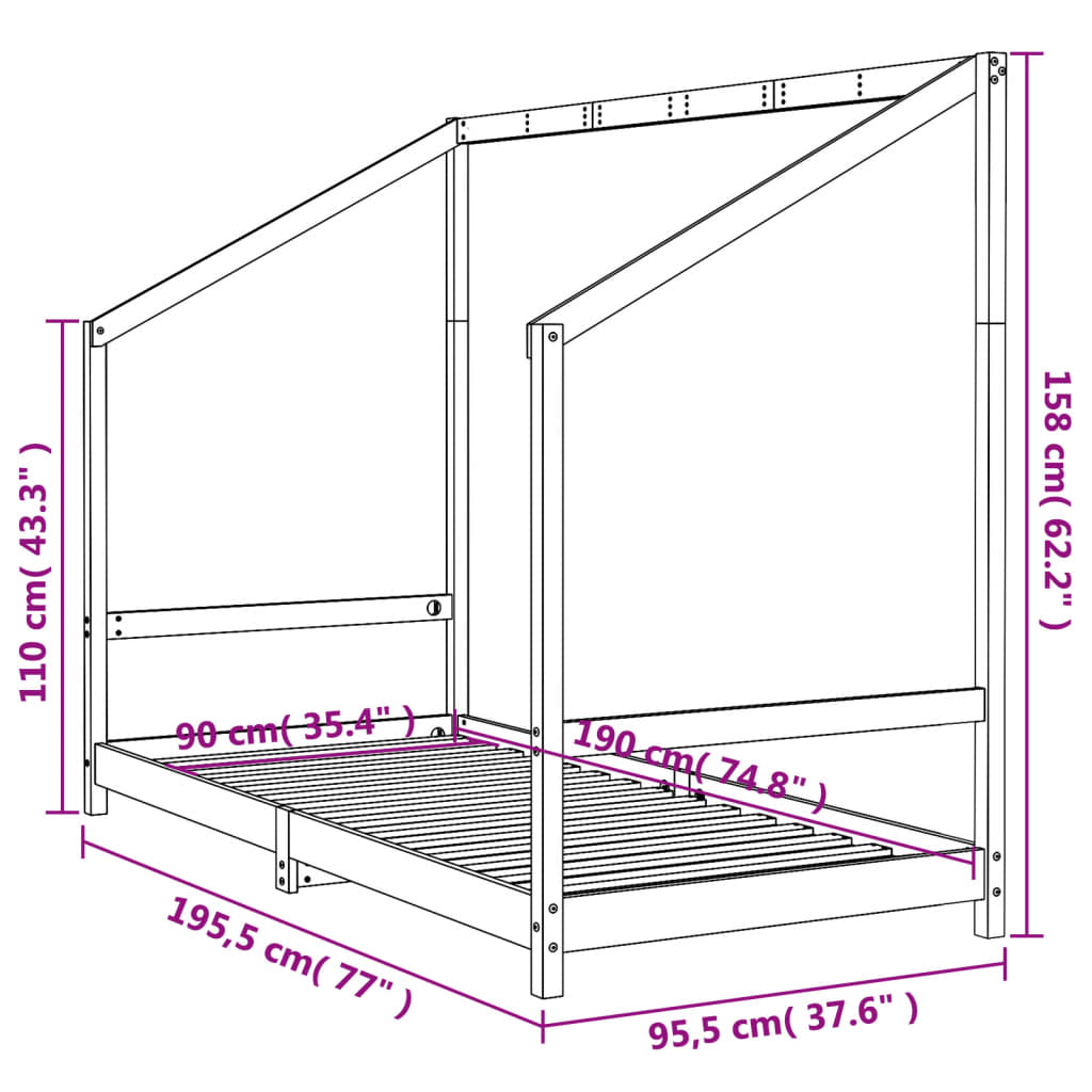 Giroletto per Bambini Bianco 90x190cm in Legno Massello di Pino 835713