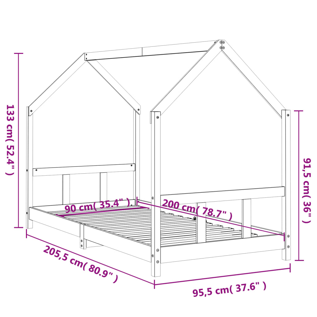 Giroletto per Bambini Nero 90x200 cm in Legno Massello di Pino 835720