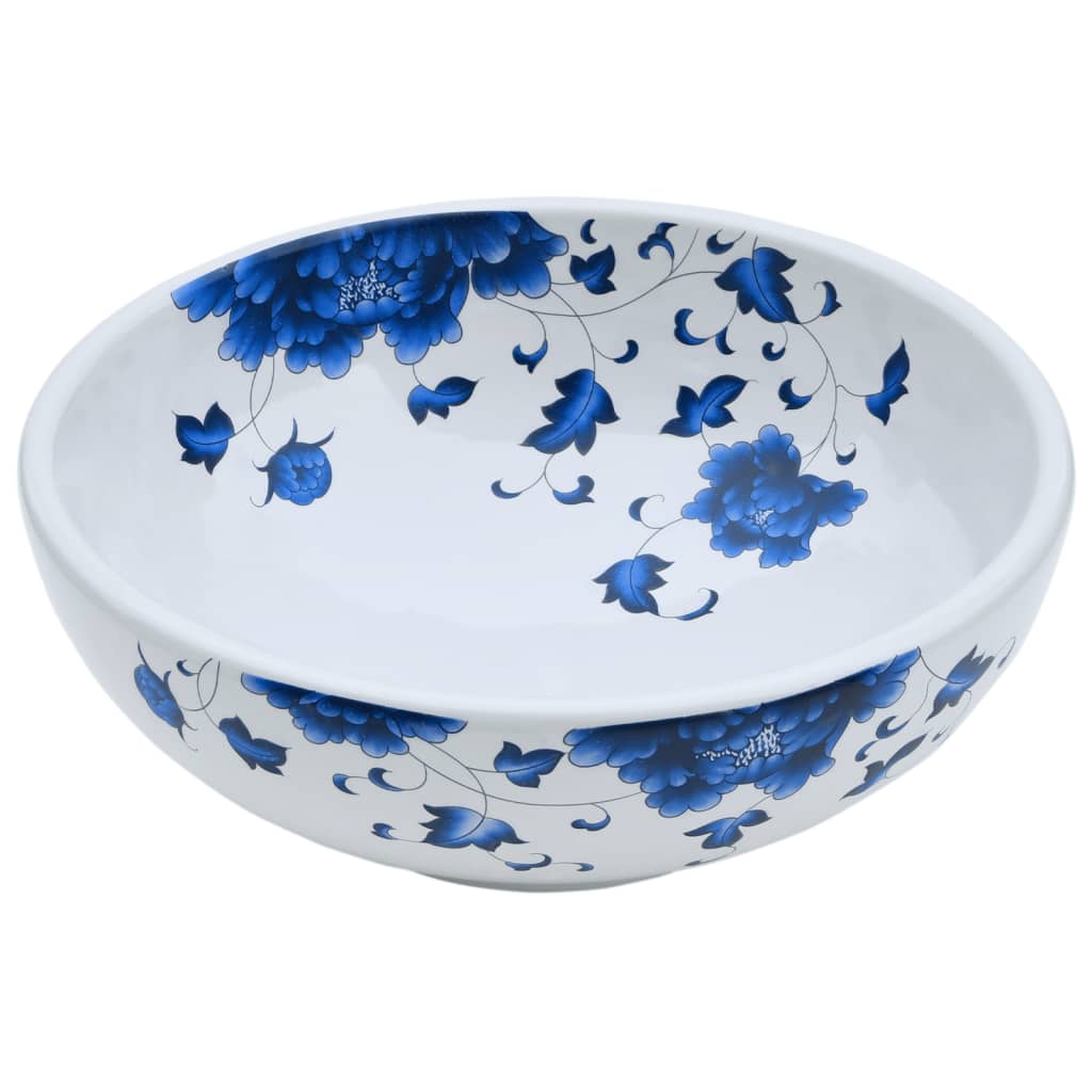 Lavabo da Appoggio Bianco e Blu Rotondo Φ41x14 cm Ceramica 155048