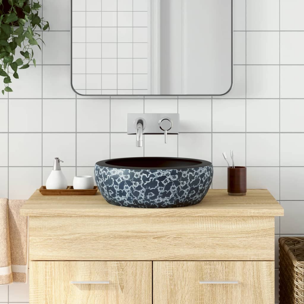 Lavabo da Appoggio Nero e Blu Rotondo Φ41x14 cm Ceramica 155065