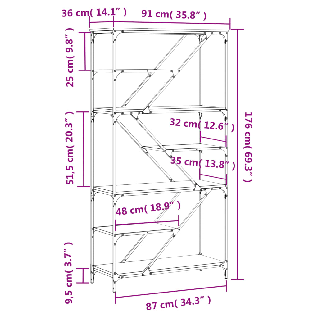 Libreria Nera 91x36x176 cm in Legno Multistrato e Acciaio 835414