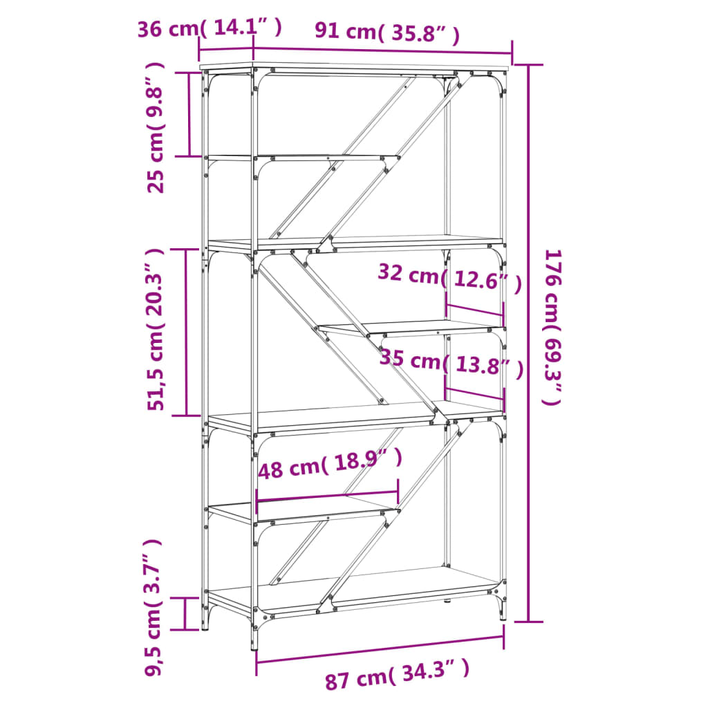 Libreria Rovere Marrone 91x36x176cm Legno Multistrato e Acciaio 835418