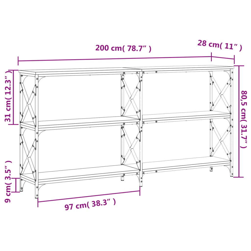 Tavolino Consolle Nero 200x28x80,5 cm in Legno Multistrato 835429