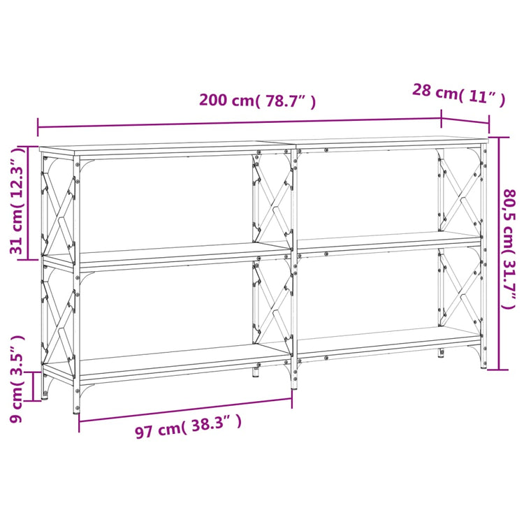 Tavolino Consolle Nero 200x28x80,5 cm in Legno Multistrato 835429