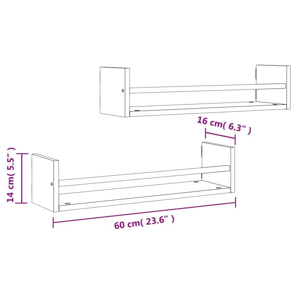 Mensole da Parete con Aste 2 pz Nere 60x16x14 cm 835434