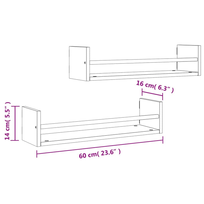 Mensole a Parete con Aste 2pz Rovere Sonoma 60x16x14 cm 835435