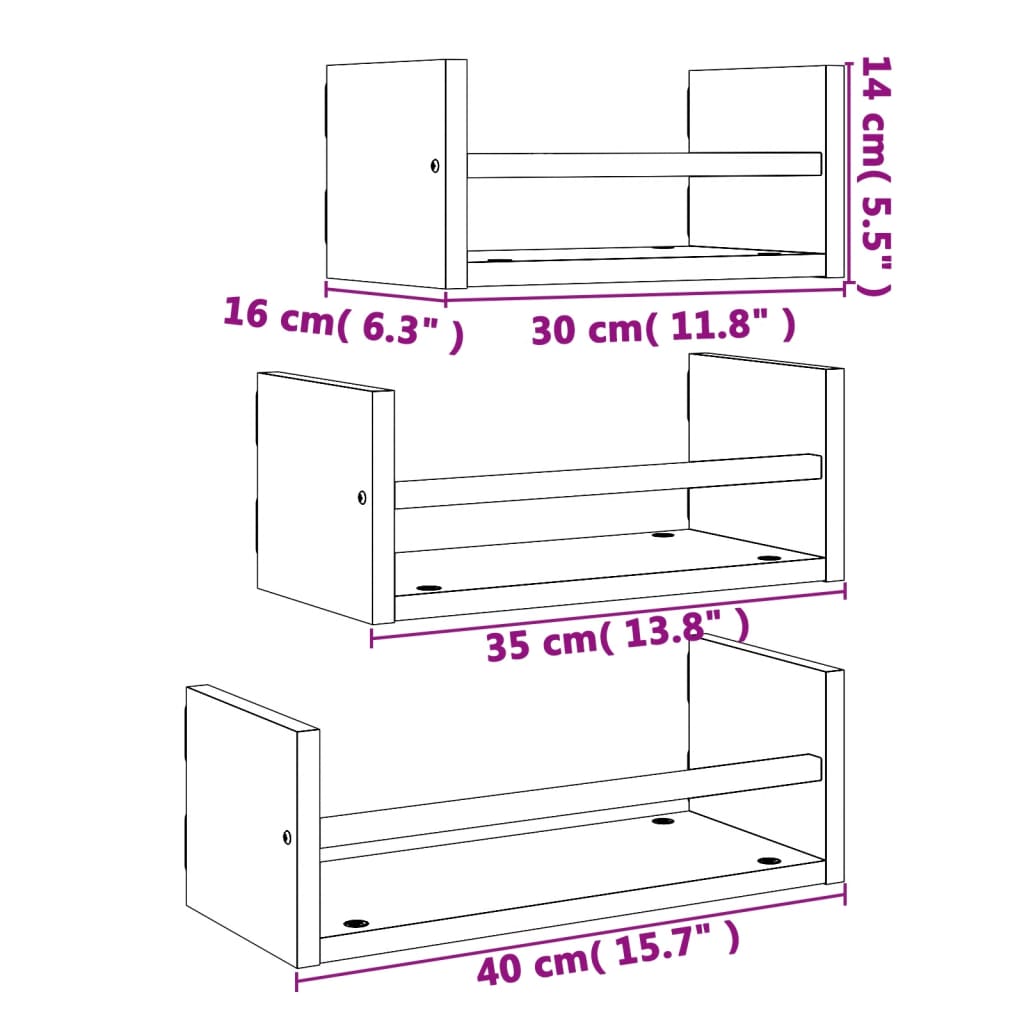 Set Mensole da Parete con Aste 3pz Nero in Legno Multistrato 835444