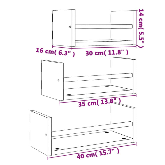 Set Mensole Parete con Aste 3pz Rovere Fumo Legno Multistrato 835446