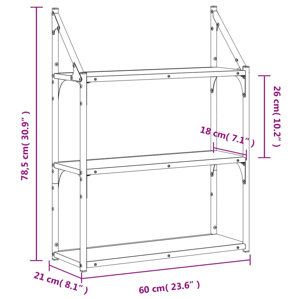 Scaffale a Parete 3 Ripiani Nero 60x21x78,5cm Legno Multistrato 835449