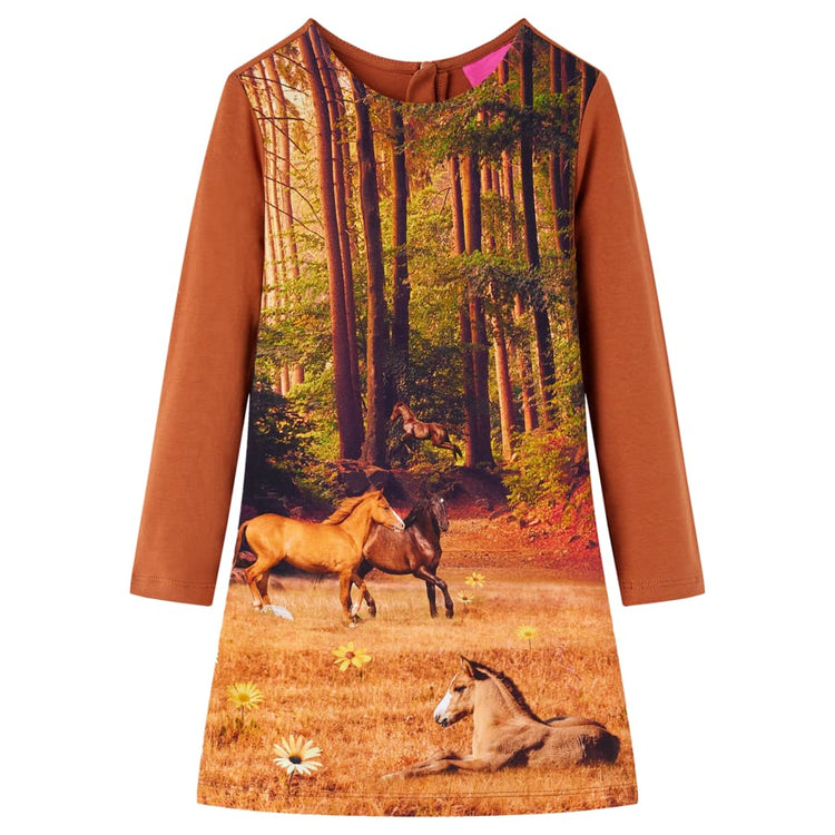 Abito da Bambina a Maniche Lunghe con Stampa Cavalli Cognac 92 14857