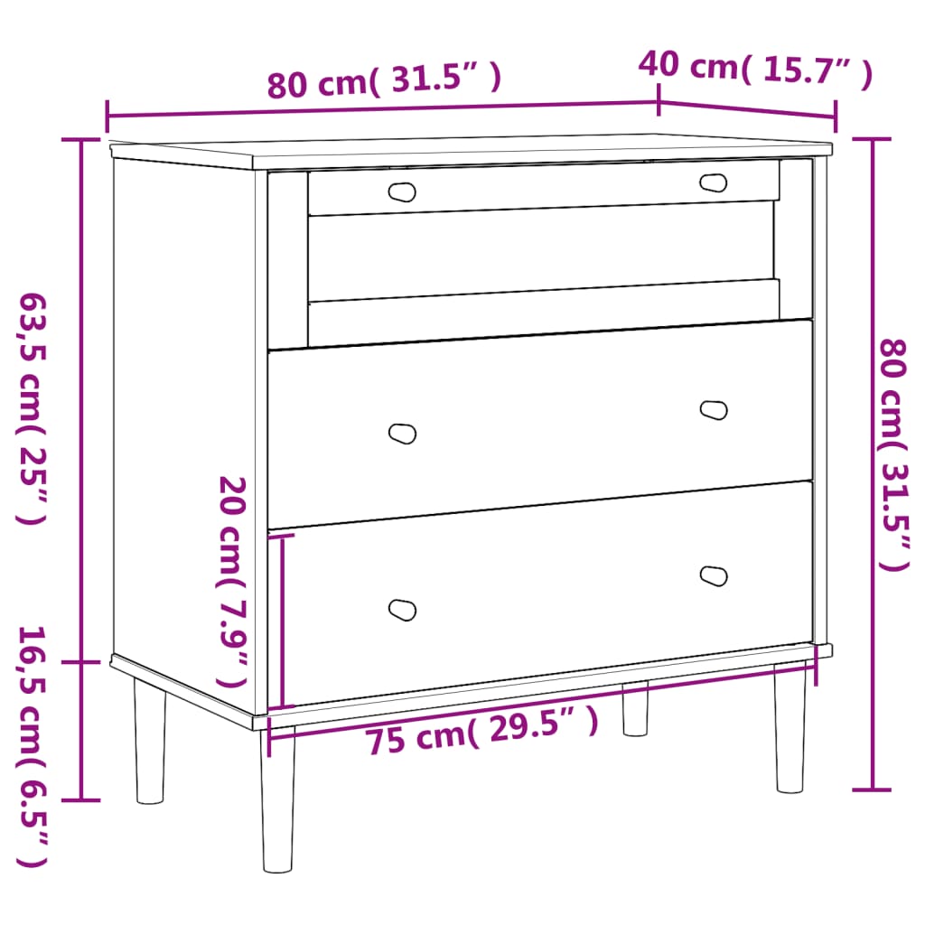 Cassettiera SENJA Marrone 80x40x80 cm in Legno Massello di Pino 358022