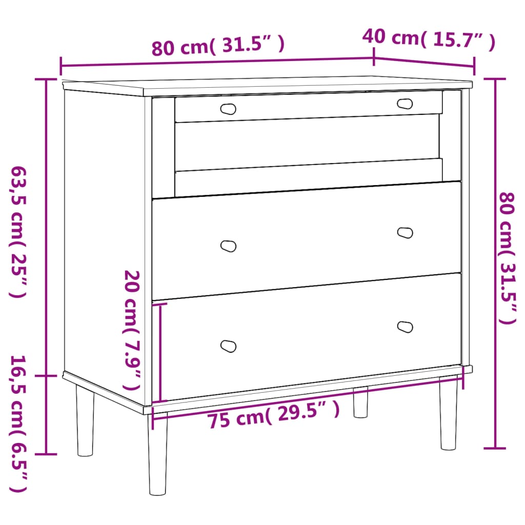 Cassettiera SENJA Nera 80x40x80 cm in Legno Massello di Pino 358024