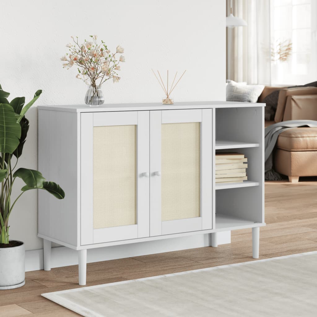 Credenza SENJA Aspetto Rattan Bianco 112x40x80 cm Massello Pinocod mxl 132227