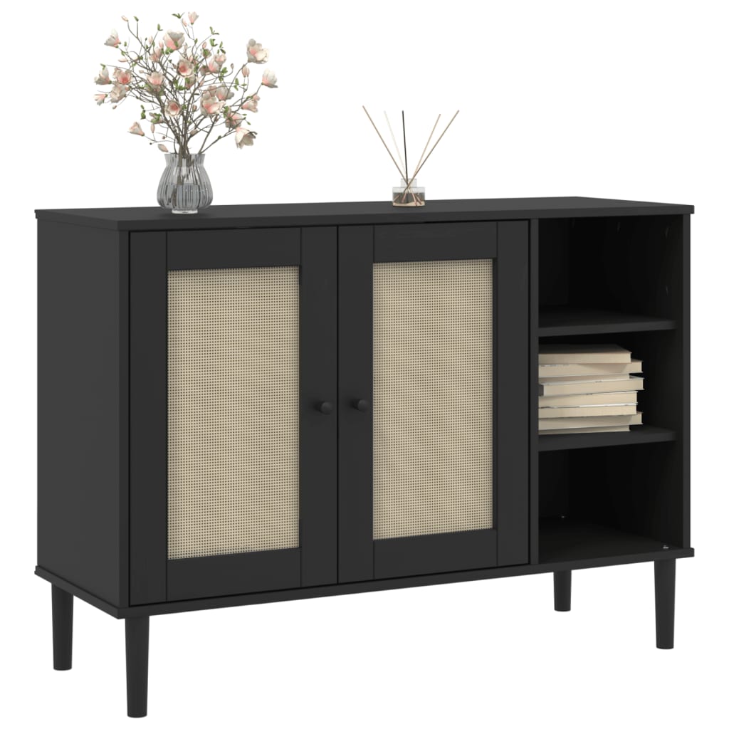 Credenza SENJA Aspetto Rattan Nero 112x40x80 cm Massello Pino 358030