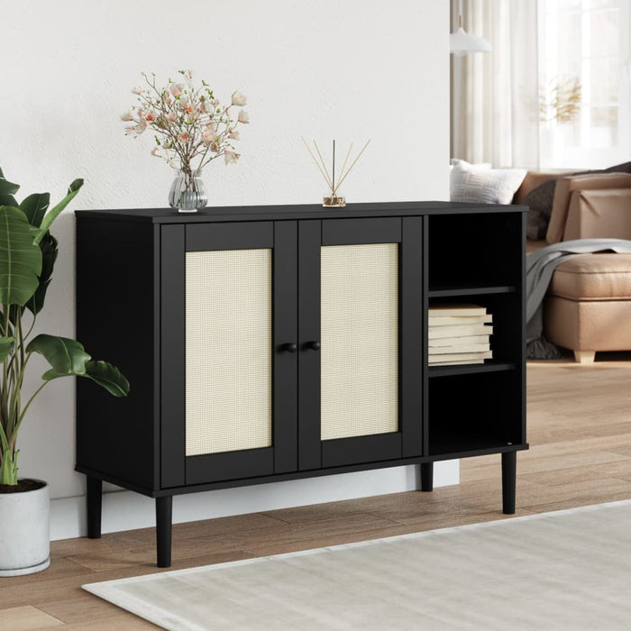 Credenza SENJA Aspetto Rattan Nero 112x40x80 cm Massello Pino 358030